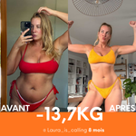 Comparaison avant-après d’une cliente, avec une perte annoncée de 13,7 kg en 8 mois.