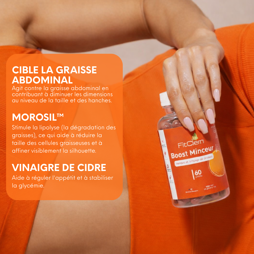 Le Morosil et le vinaigre de cidre sont présentés comme des actifs ciblant la graisse abdominale et l’appétit.
