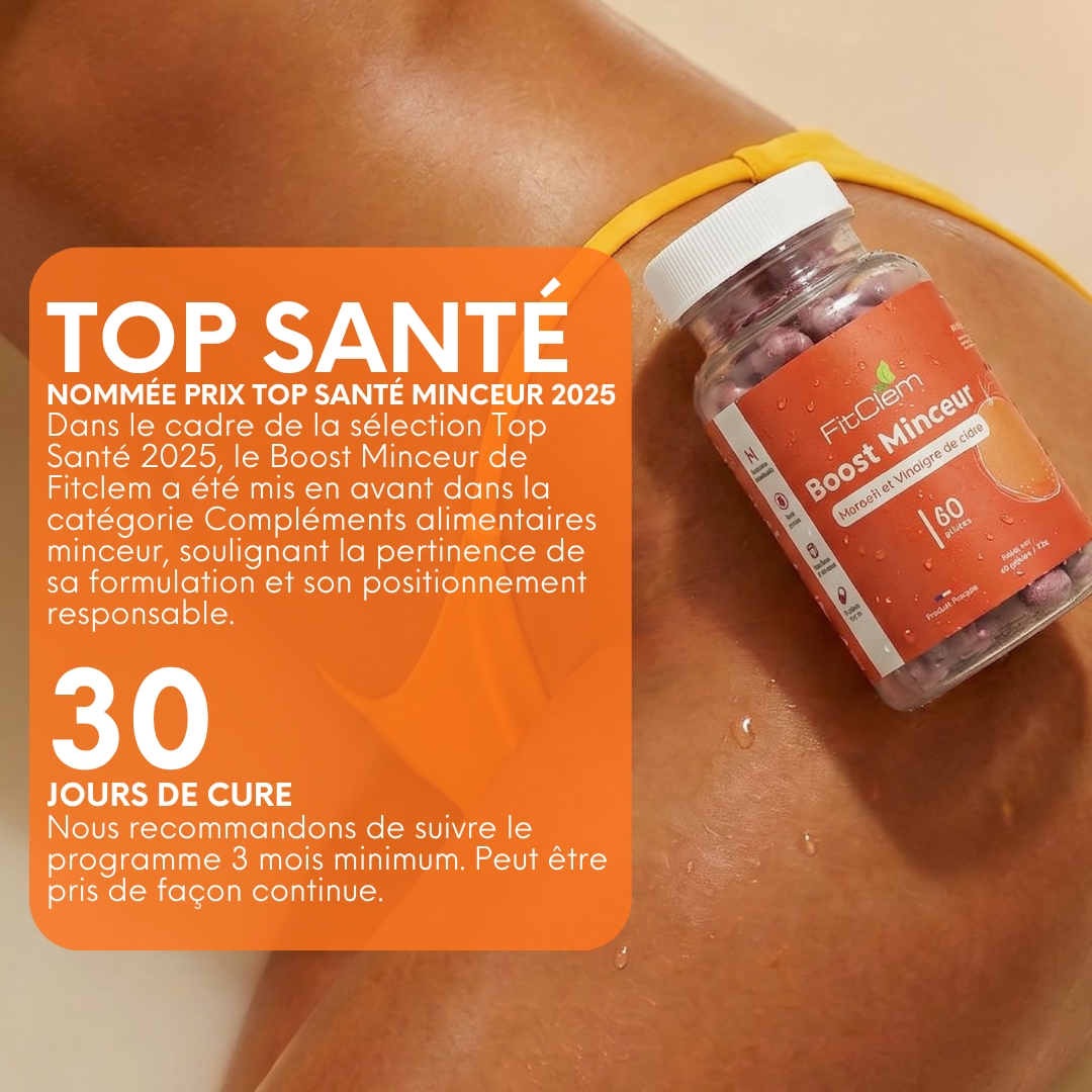 Boost Minceur, nommé au prix Top Santé Minceur 2025, avec 30 jours de cure par flacon.
