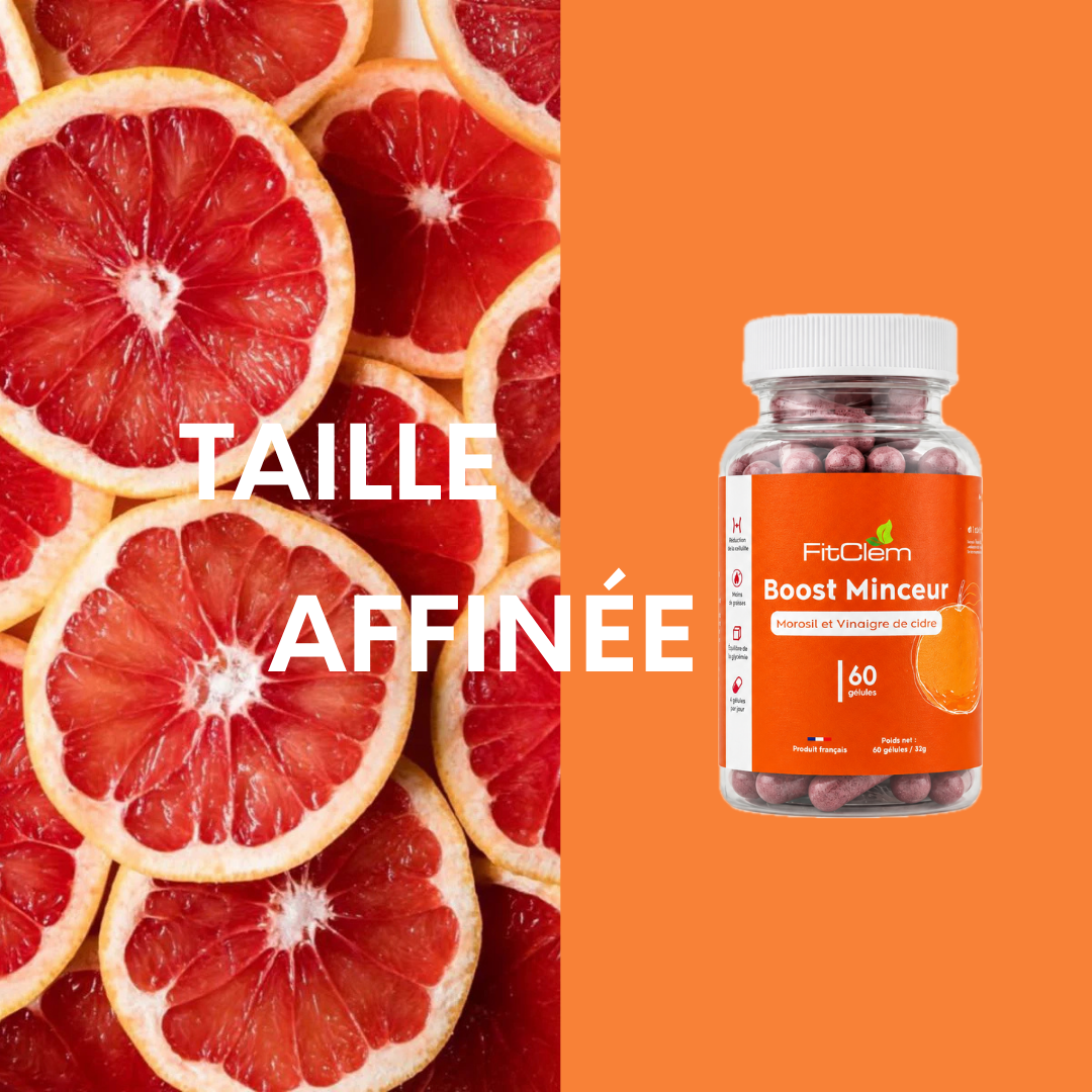 Boost Minceur au Morosil, accompagné d’oranges sanguines et de la mention « taille affinée ».
