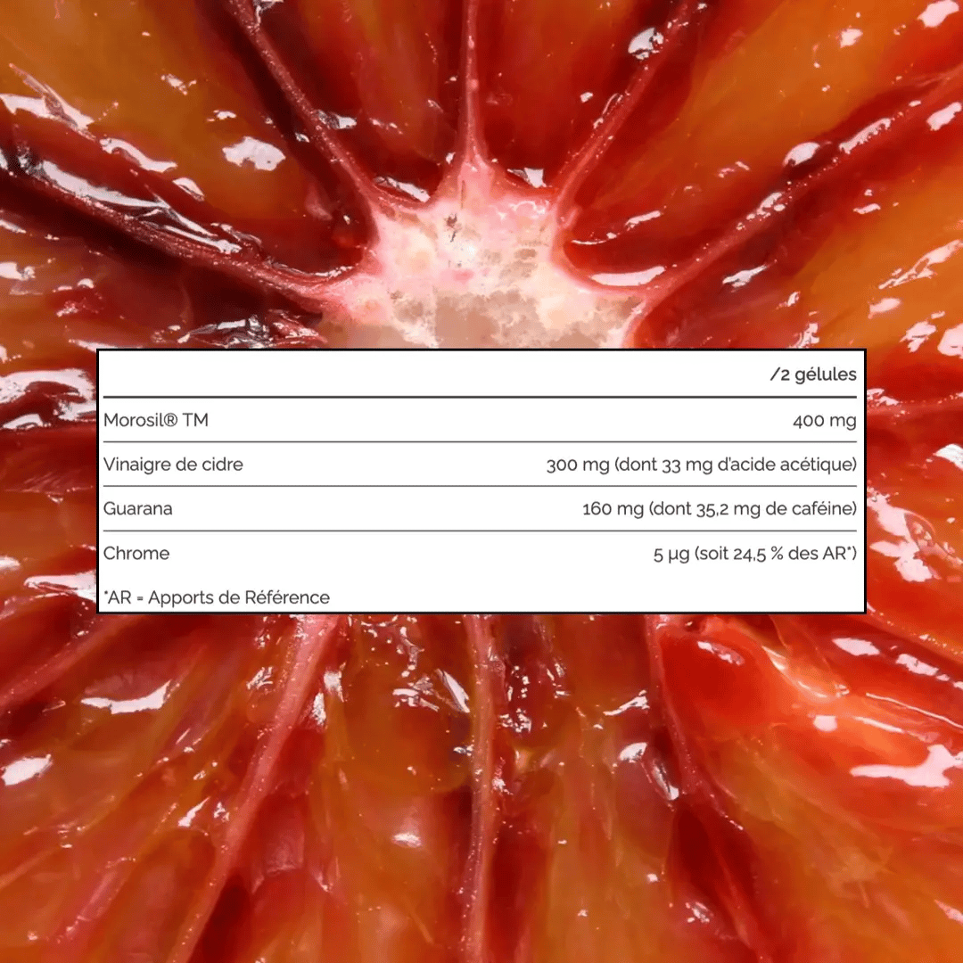 Apports nutritionnels pour 2 gélules : Morosil 400 mg, vinaigre de cidre 300 mg dont 33 mg d’acide acétique, guarana 160 mg dont 35,2 mg de caféine, et chrome 5 microgrammes, soit 24,5 % des apports de référence.