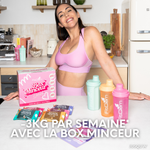 Visuel de la Box Minceur FitClem avec plusieurs sachets et shakers, accompagné de la mention « jusqu’à 3 kg par semaine ».