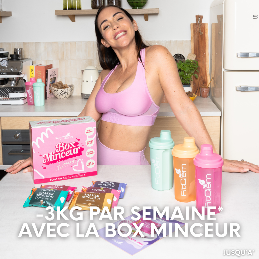 Visuel de la Box Minceur FitClem avec plusieurs sachets et shakers, accompagné de la mention « jusqu’à 3 kg par semaine ».