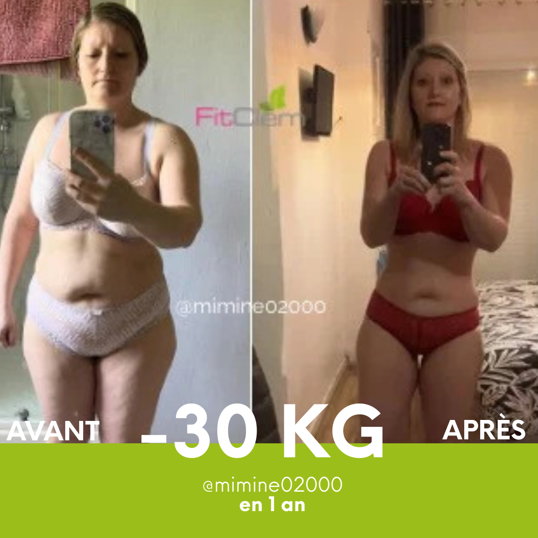 Comparaison avant-après d’une cliente, avec une perte déclarée de 30 kg en un an.