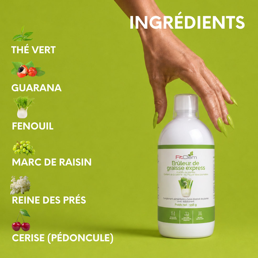 Principaux ingrédients : thé vert, guarana, fenouil, marc de raisin, reine des prés et pédoncule de cerise.