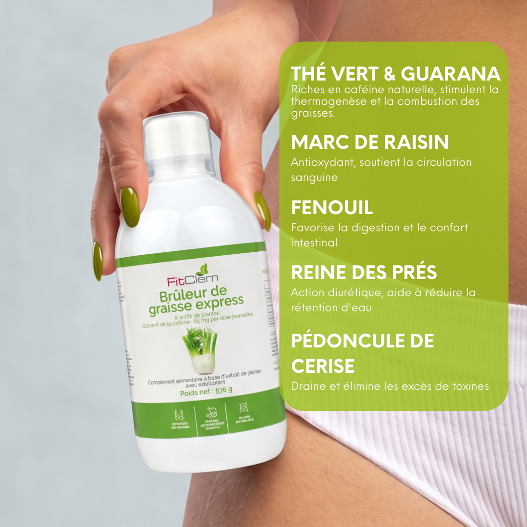 Le thé vert, le guarana, le marc de raisin, le fenouil, la reine des prés et le pédoncule de cerise sont présentés pour soutenir la combustion des graisses, le drainage et la digestion.