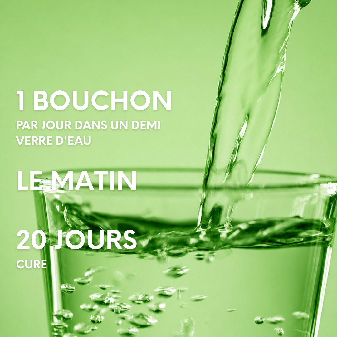 Conseil d’utilisation : diluer un bouchon par jour dans un demi-verre d’eau, le matin, pendant 20 jours.