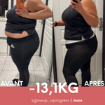Comparaison avant-après d’une cliente, avec une perte déclarée de 13,1 kg en trois mois.