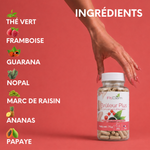 Principaux ingrédients de Brûleur Plus : thé vert, framboise, guarana, nopal, marc de raisin, ananas et papaye.