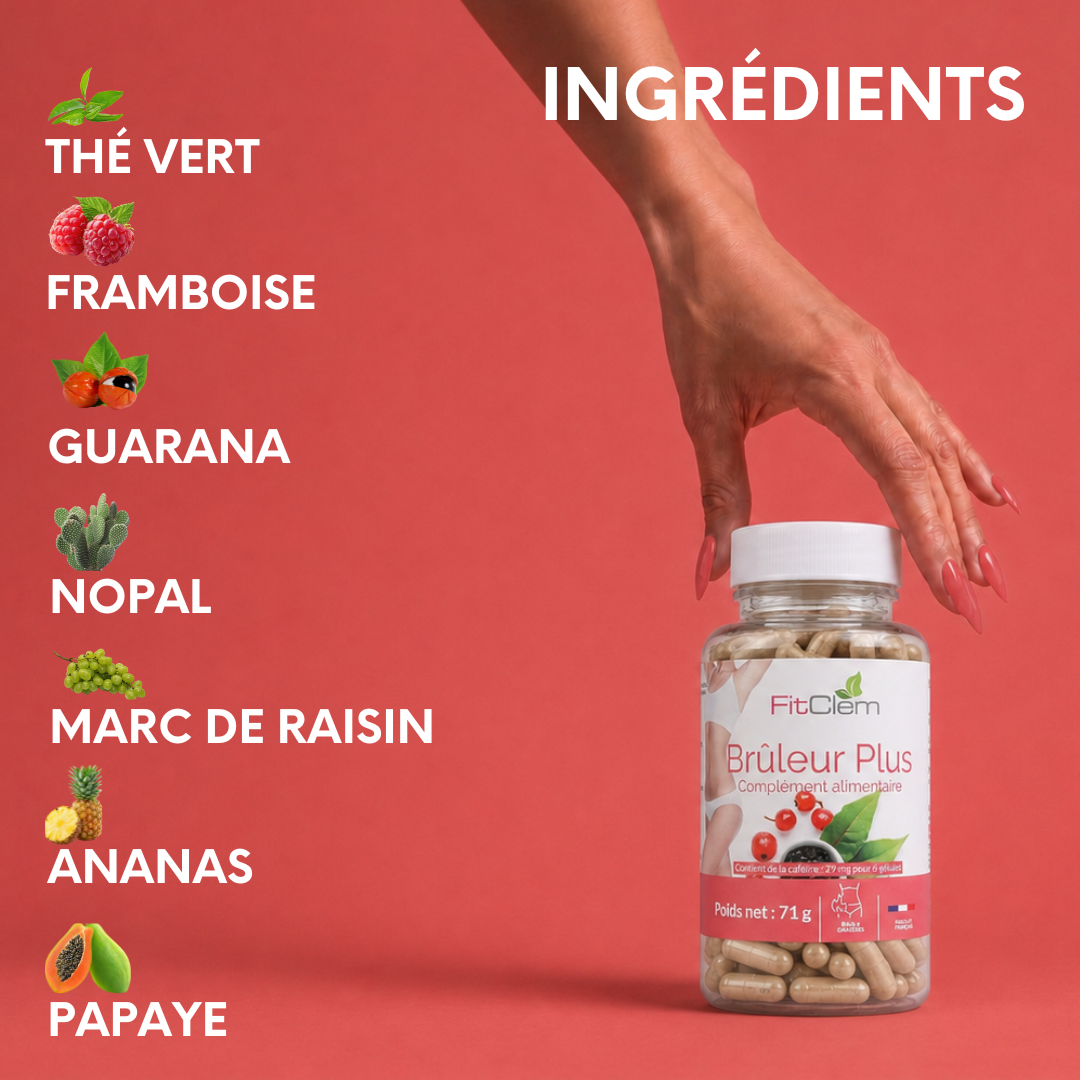 Principaux ingrédients de Brûleur Plus : thé vert, framboise, guarana, nopal, marc de raisin, ananas et papaye.