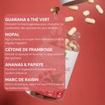 Le guarana et le thé vert sont présentés pour la thermogenèse, le nopal pour l’appétit, la framboise pour la dégradation des graisses, l’ananas et la papaye pour la digestion, et le marc de raisin pour la rétention d’eau.