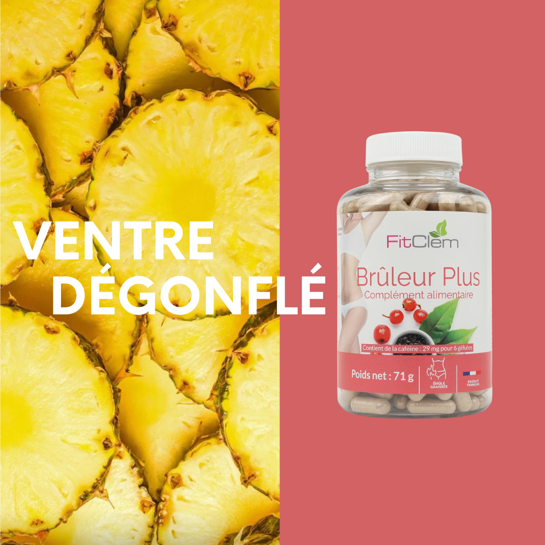 Flacon de Brûleur Plus accompagné d’ananas et de la mention « ventre dégonflé ».