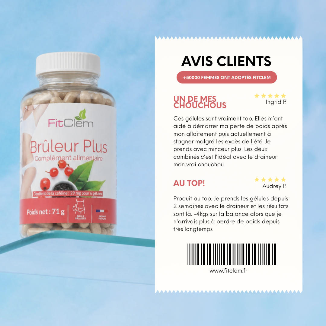 Deux avis clients cinq étoiles sur Brûleur Plus, dont un témoignage déclarant une perte de 4 kg en deux semaines en association avec Draineur Plus.