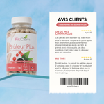 Deux avis clients cinq étoiles sur Brûleur Plus, dont un témoignage déclarant une perte de 4 kg en deux semaines en association avec Draineur Plus.
