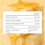 Apports pour 4 gélules : chitosan 1 000 mg, nopal 640 mg, ascophyllum 120 mg, iode 50 microgrammes et chrome 30 microgrammes.