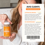 Deux avis clients cinq étoiles présentant le Capteur de Graisses comme un complément utilisé avant les repas riches ou pendant les vacances.