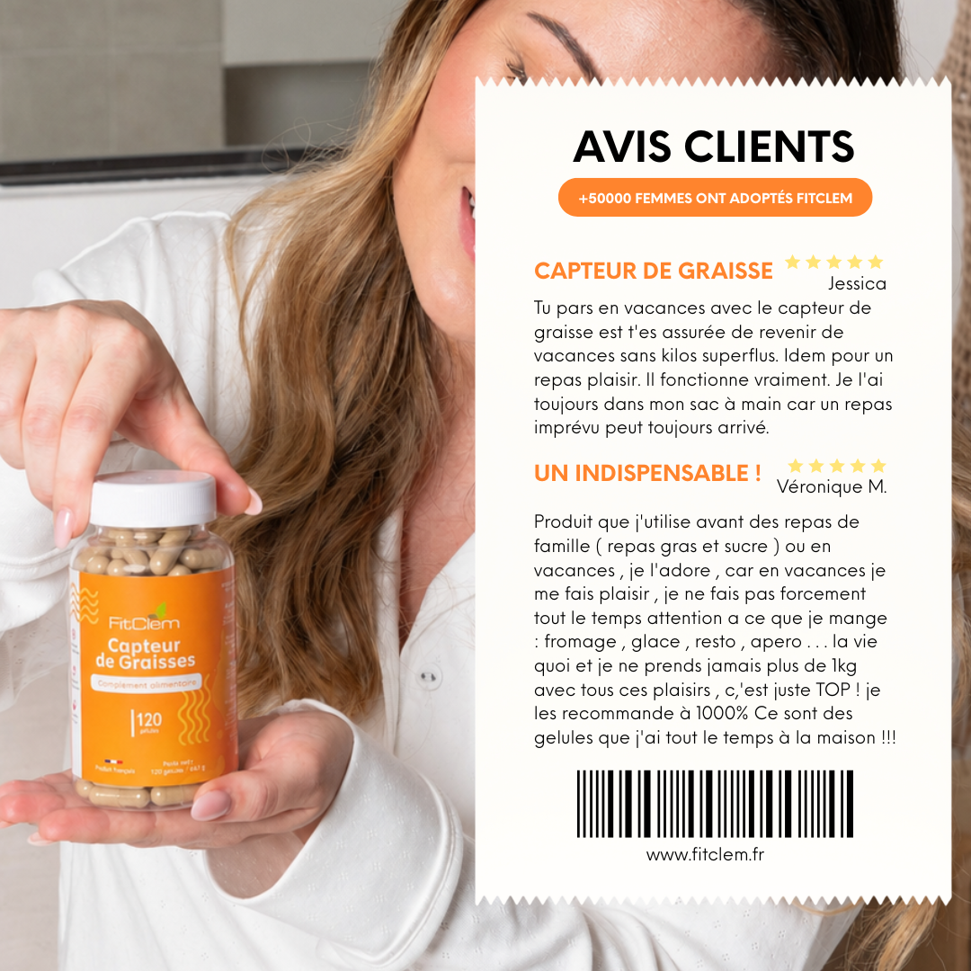Deux avis clients cinq étoiles présentant le Capteur de Graisses comme un complément utilisé avant les repas riches ou pendant les vacances.
