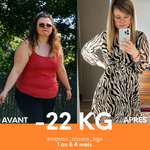 Comparaison avant-après d’une cliente, avec une perte déclarée de 22 kg en un an et quatre mois.