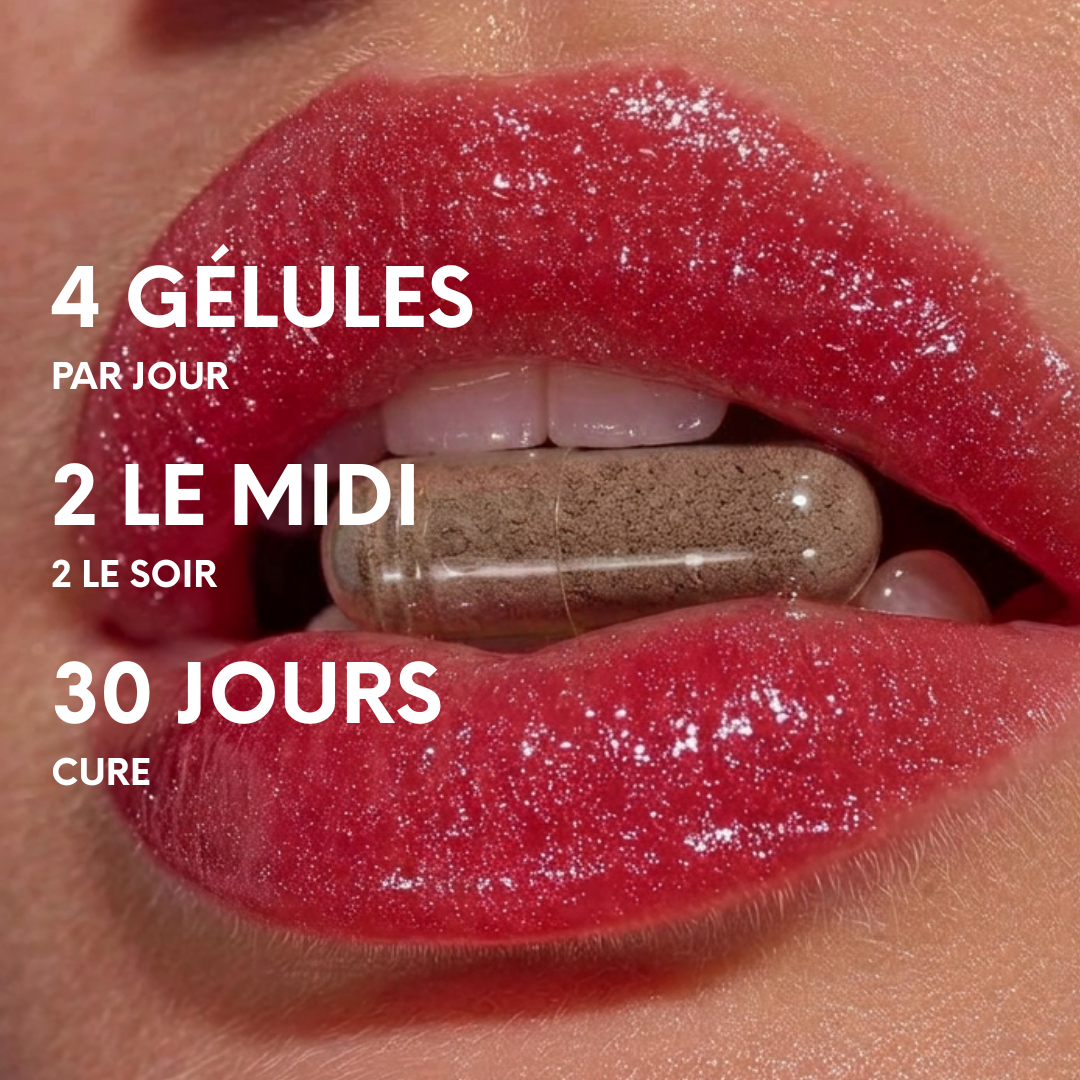 Conseil d’utilisation présenté sur le visuel : prendre 4 gélules par jour, 2 le midi et 2 le soir, pendant 30 jours.