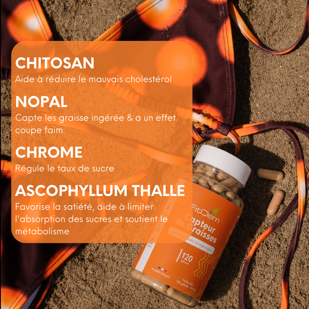 Le chitosan, le nopal, le chrome et l’ascophyllum sont présentés pour agir sur l’absorption des graisses, la satiété, la glycémie et le métabolisme.