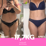Comparaison avant-après d’une cliente, avec une perte déclarée de 17,7 kg en huit mois.