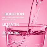 Conseil d’utilisation présenté sur le visuel : diluer un bouchon par jour dans une demi-bouteille d’eau et boire le matin.