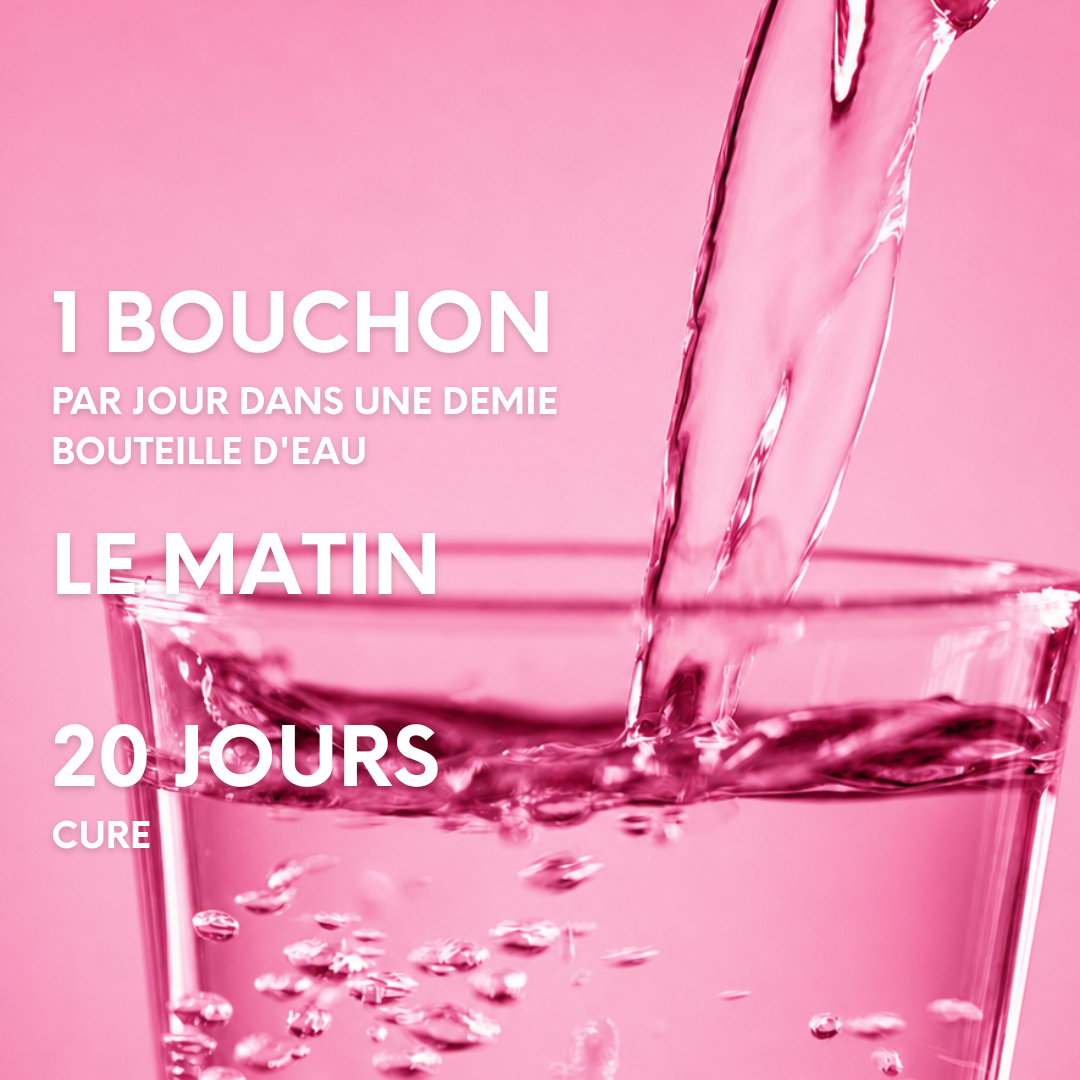 Conseil d’utilisation présenté sur le visuel : diluer un bouchon par jour dans une demi-bouteille d’eau et boire le matin.