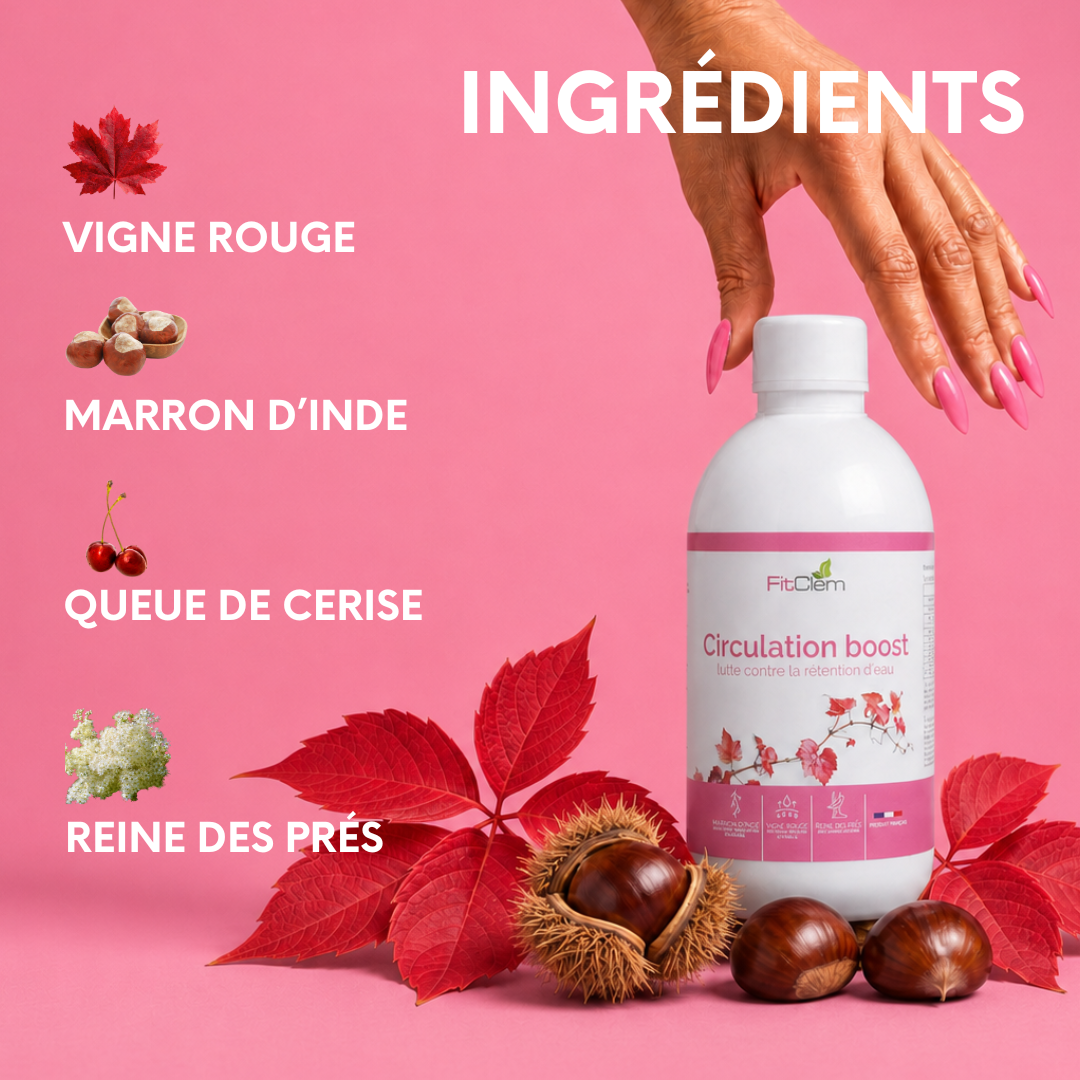 Principaux ingrédients mis en avant : vigne rouge, marron d’Inde, queue de cerise et reine des prés.