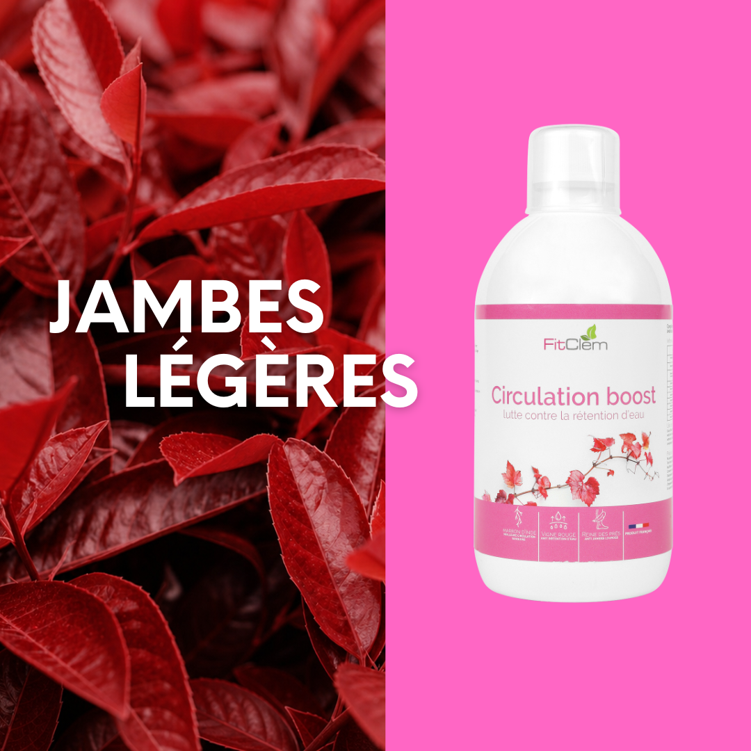 Flacon de Circulation Boost FitClem accompagné de feuilles de vigne rouge et de la mention « Jambes légères ».