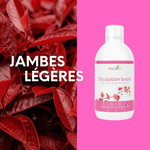 Flacon de Circulation Boost FitClem accompagné de feuilles de vigne rouge et de la mention « Jambes légères ».