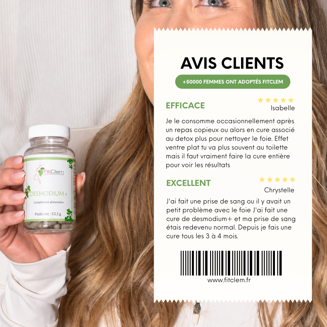 Deux avis clients cinq étoiles sur Desmodium+, évoquant notamment la digestion et l’utilisation du produit en cure.