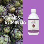 Flacon de Détox Plus FitClem accompagné d’artichauts et de la mention « Toxines éliminées ».