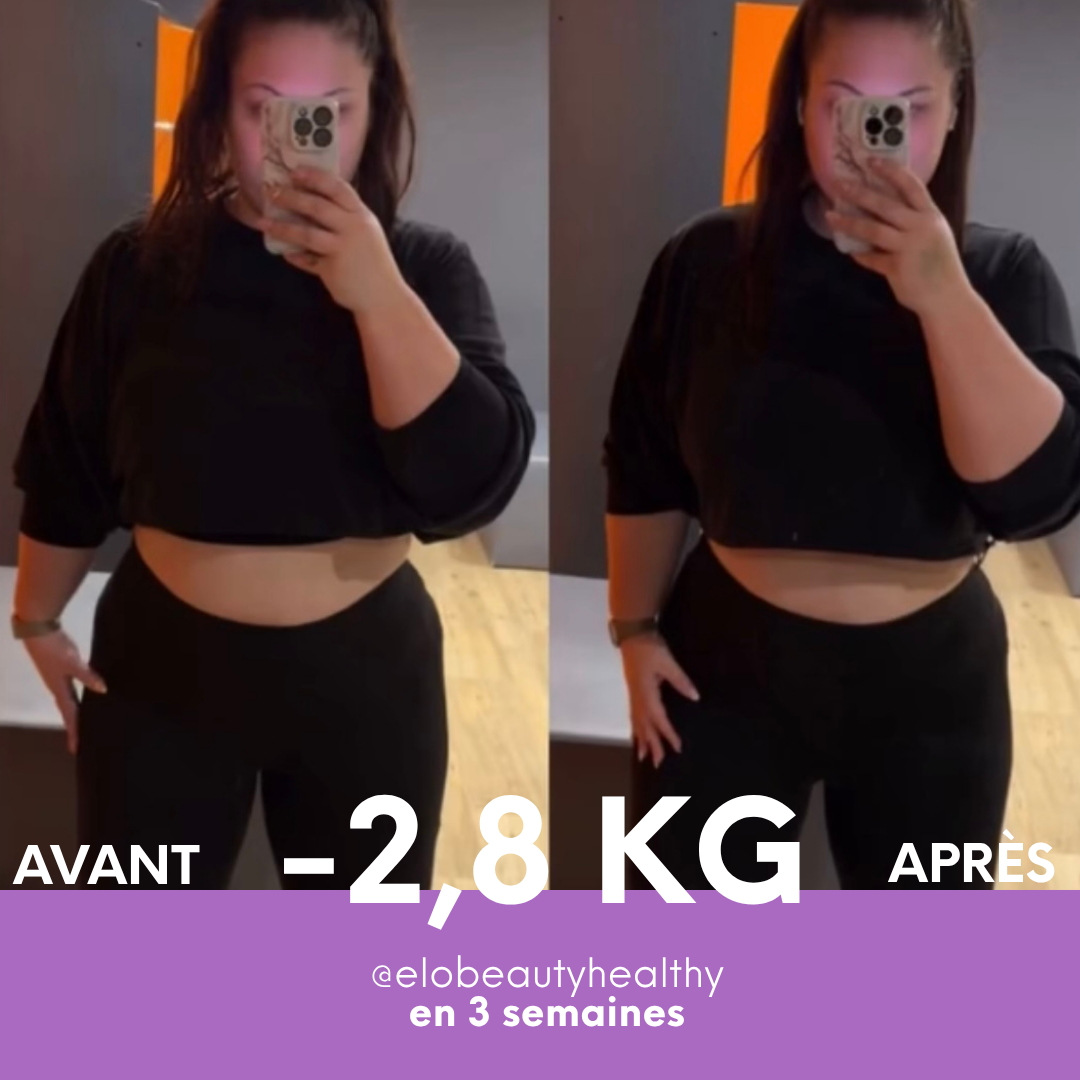 Comparaison avant-après d’une cliente, avec une perte déclarée de 2,8 kg en trois semaines.