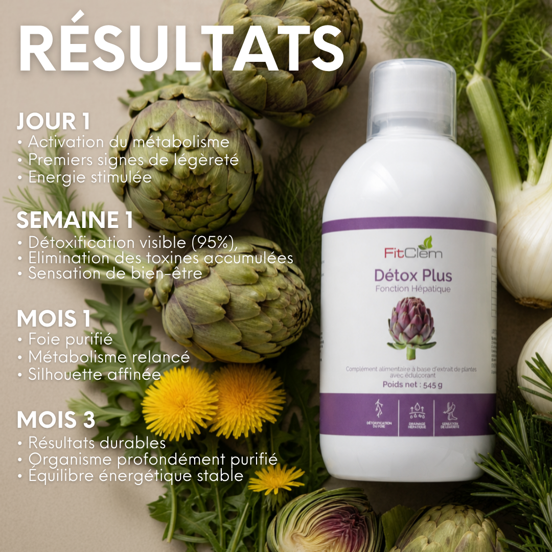 Évolution annoncée du premier jour au troisième mois : activation du métabolisme, élimination des toxines, sensation de légèreté, soutien du foie et vitalité retrouvée.