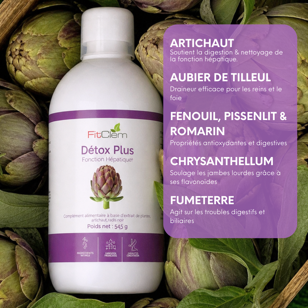 L’artichaut, l’aubier de tilleul, le fenouil, le pissenlit, le romarin, le chrysanthellum et la fumeterre sont présentés pour soutenir la digestion, le drainage et la fonction hépatique.