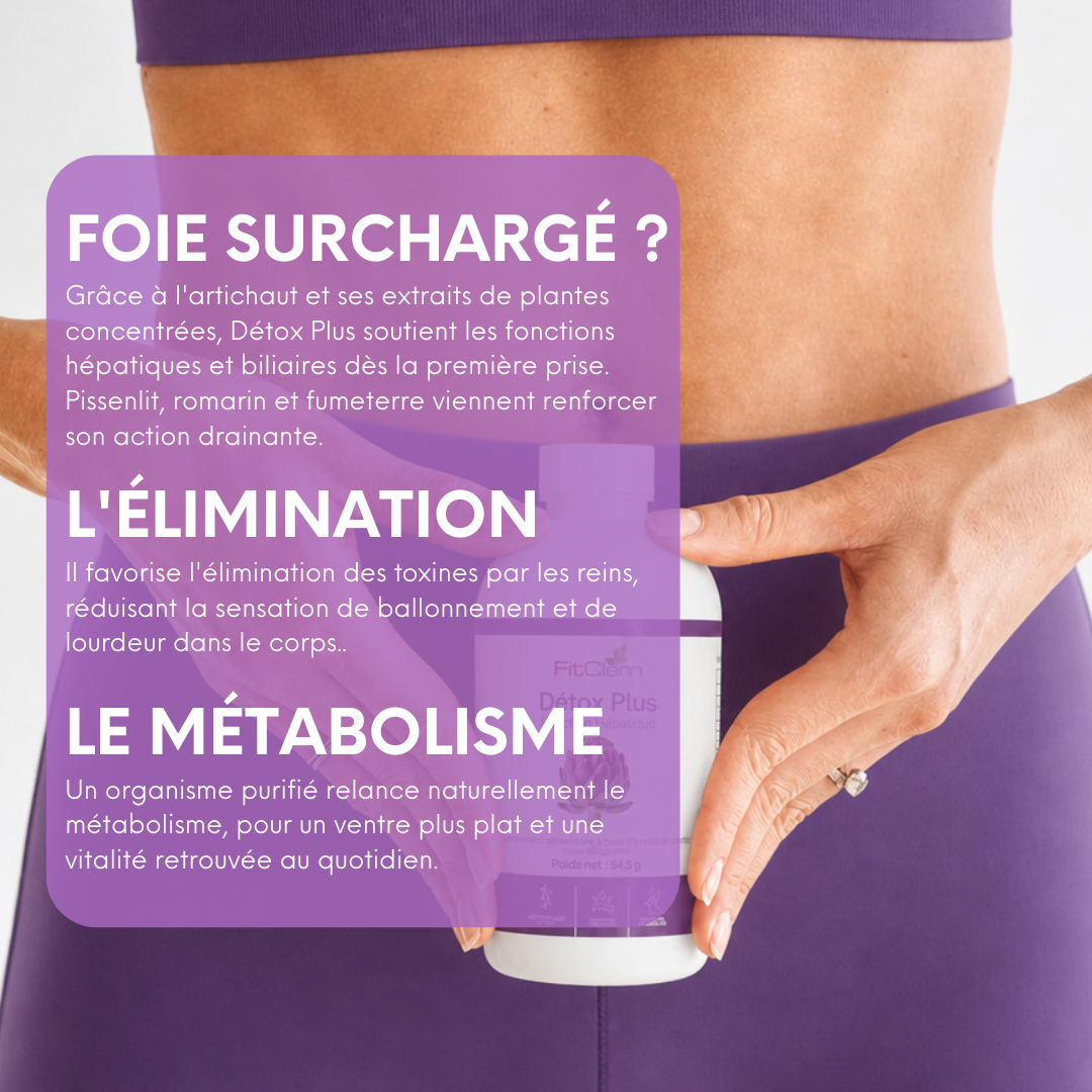 Détox Plus est présenté pour soutenir les fonctions hépatiques et biliaires, favoriser l’élimination des toxines et contribuer à une sensation de ventre plus léger.
