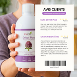 Deux avis clients cinq étoiles sur Détox Plus, évoquant notamment une meilleure digestion, une sensation de légèreté et l’utilisation du produit en cure.