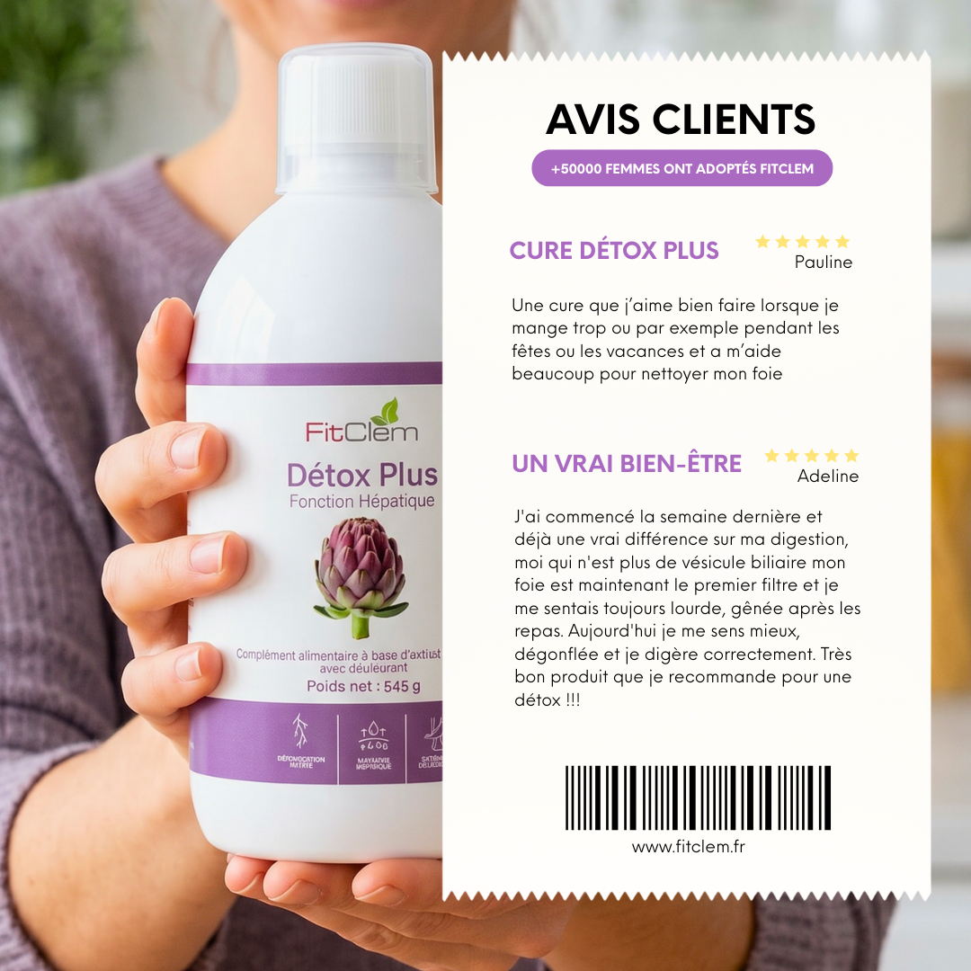 Deux avis clients cinq étoiles sur Détox Plus, évoquant notamment une meilleure digestion, une sensation de légèreté et l’utilisation du produit en cure.