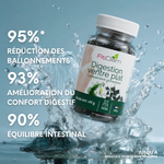 Résultats annoncés jusqu’à 12 semaines : réduction des ballonnements de 95 %, amélioration du confort digestif de 93 % et de l’équilibre intestinal de 90 %.