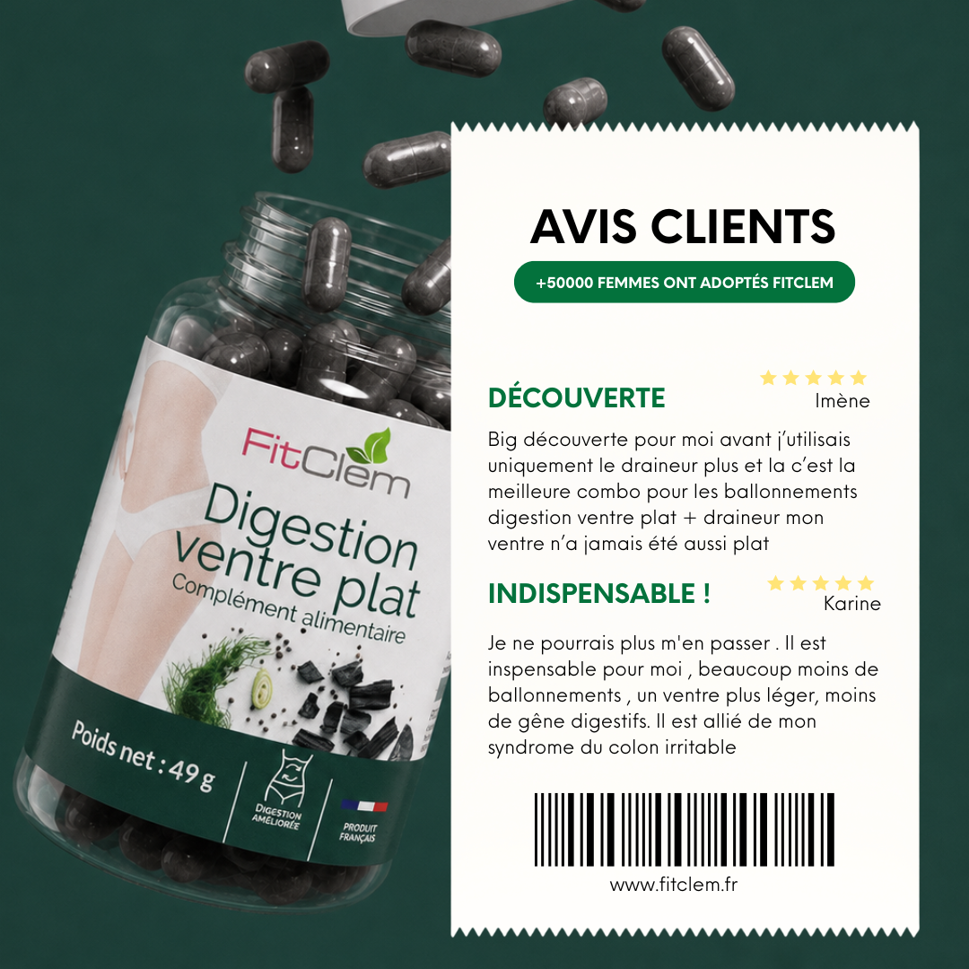Deux avis clients cinq étoiles rapportant moins de ballonnements, un ventre plus léger et un meilleur confort digestif.