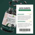 Deux avis clients cinq étoiles rapportant moins de ballonnements, un ventre plus léger et un meilleur confort digestif.