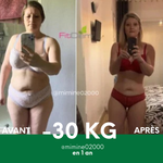 Comparaison avant-après d’une cliente, avec une perte déclarée de 30 kg en un an.