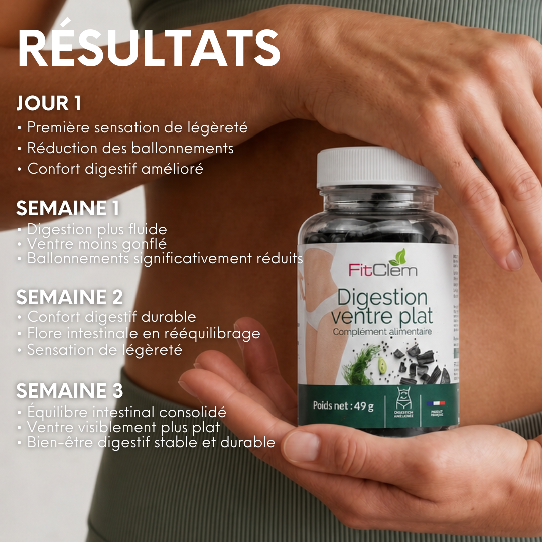 Évolution annoncée jusqu’à la troisième semaine : réduction des ballonnements, digestion plus fluide, ventre moins gonflé et équilibre intestinal amélioré.