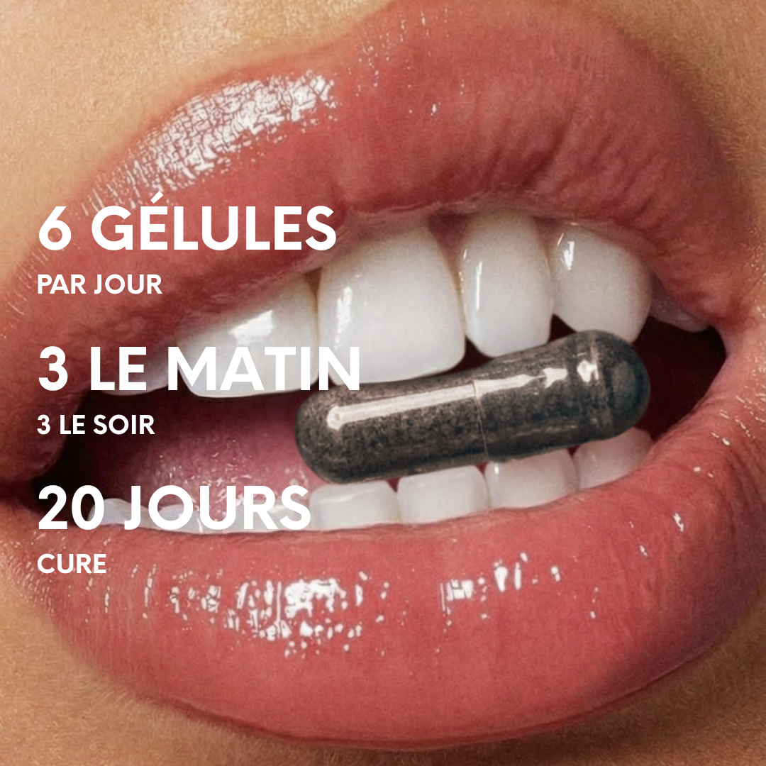 Conseil d’utilisation affiché sur le visuel : 6 gélules par jour, 3 le matin et 3 le soir.