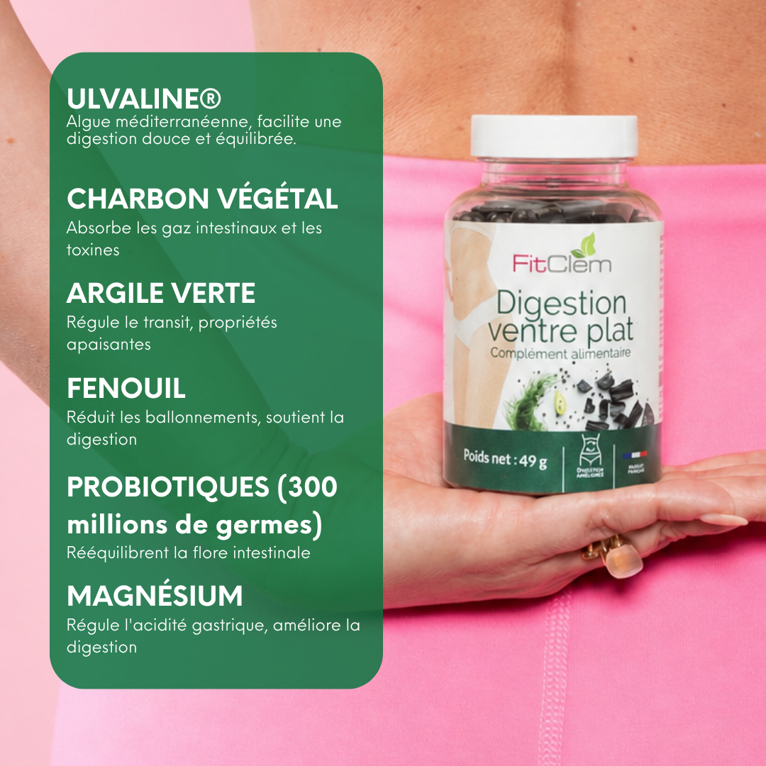 L’Ulvaline, le charbon végétal, l’argile verte, le fenouil, les probiotiques et le magnésium sont présentés pour soutenir la digestion, le transit et l’équilibre intestinal.