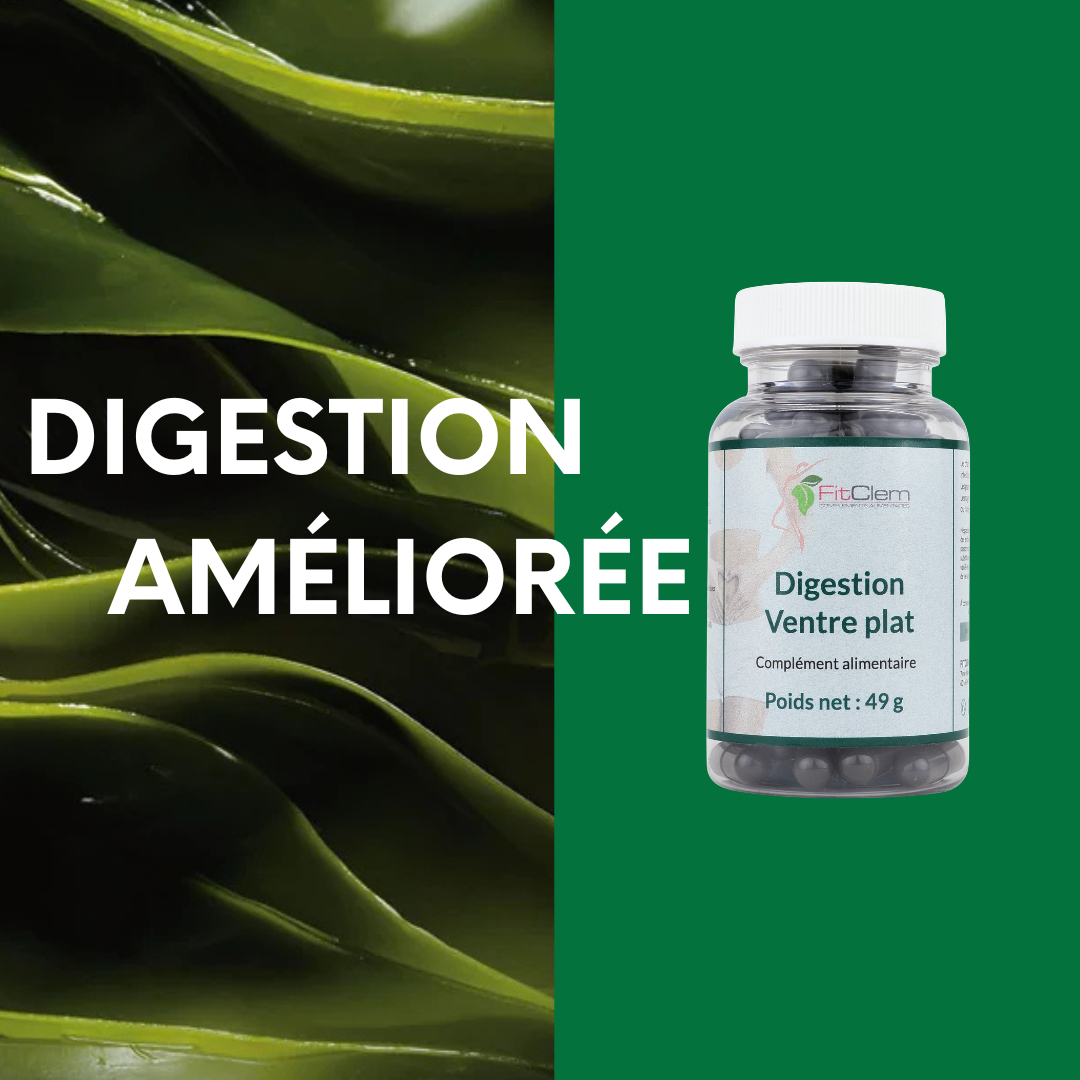Flacon de Digestion Ventre Plat FitClem accompagné de la mention « Digestion améliorée ».