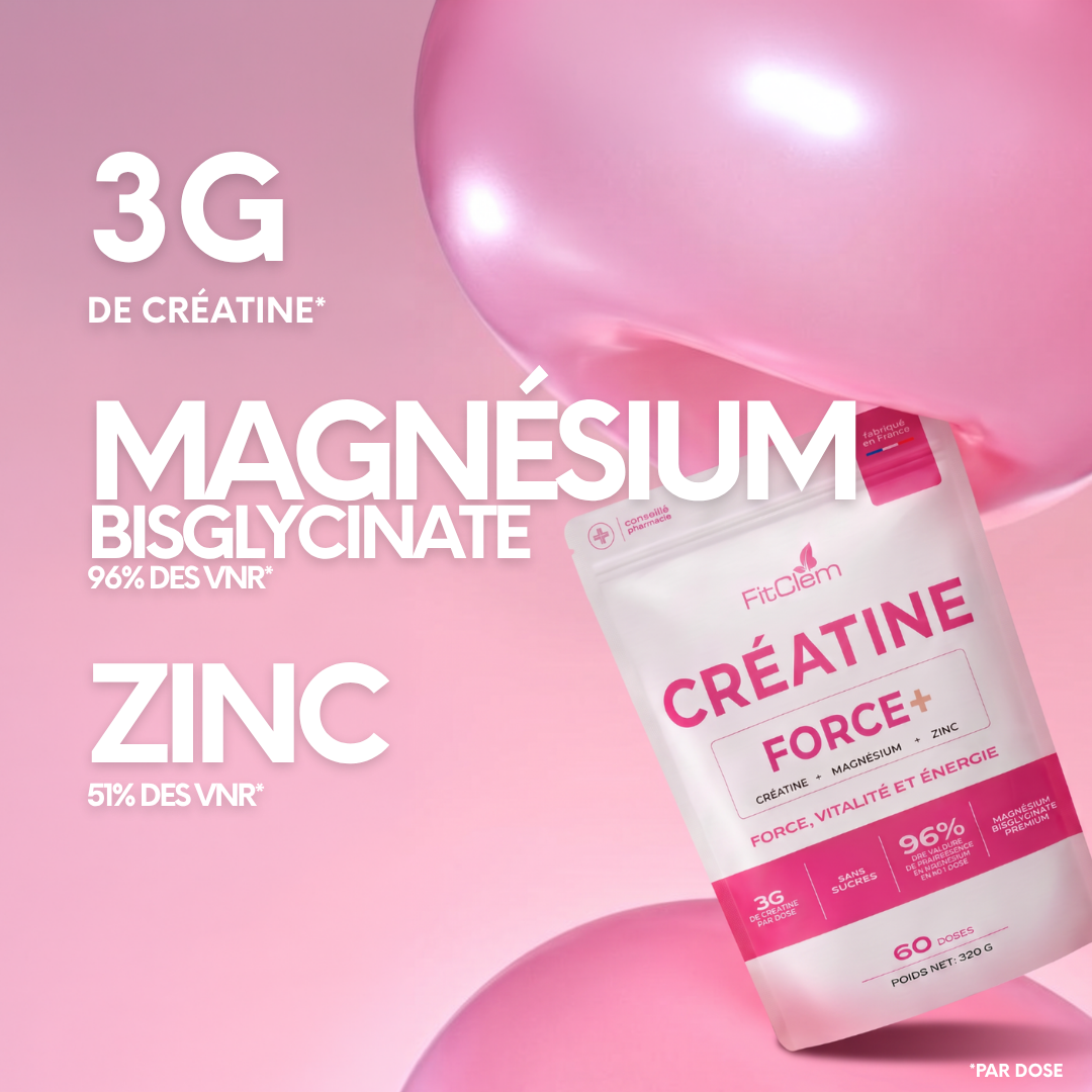 Créatine Force+ | Magnésium Bislycinate 96% | Zinc | Muscles, Os & Énergie | 2 mois | 60 doses