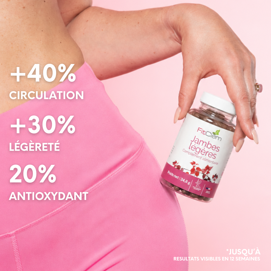 Résultats annoncés jusqu’à 12 semaines : amélioration de 40 % de la circulation, de 30 % de la sensation de légèreté et effet antioxydant de 20 %.
