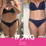 Comparaison avant-après d’une cliente, avec une perte déclarée de 17,7 kg en huit mois.
