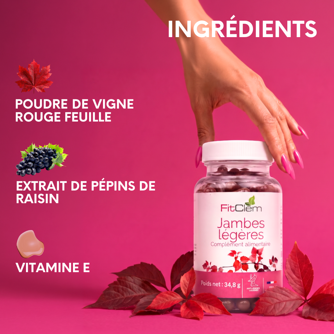 Principaux ingrédients de Jambes Légères : poudre de feuille de vigne rouge, extrait de pépins de raisin et vitamine E.